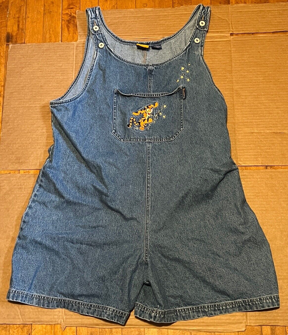 Vintage 90s Disney Tigger Denim Overall Shorts Size 18 Womens Flowers Pooh