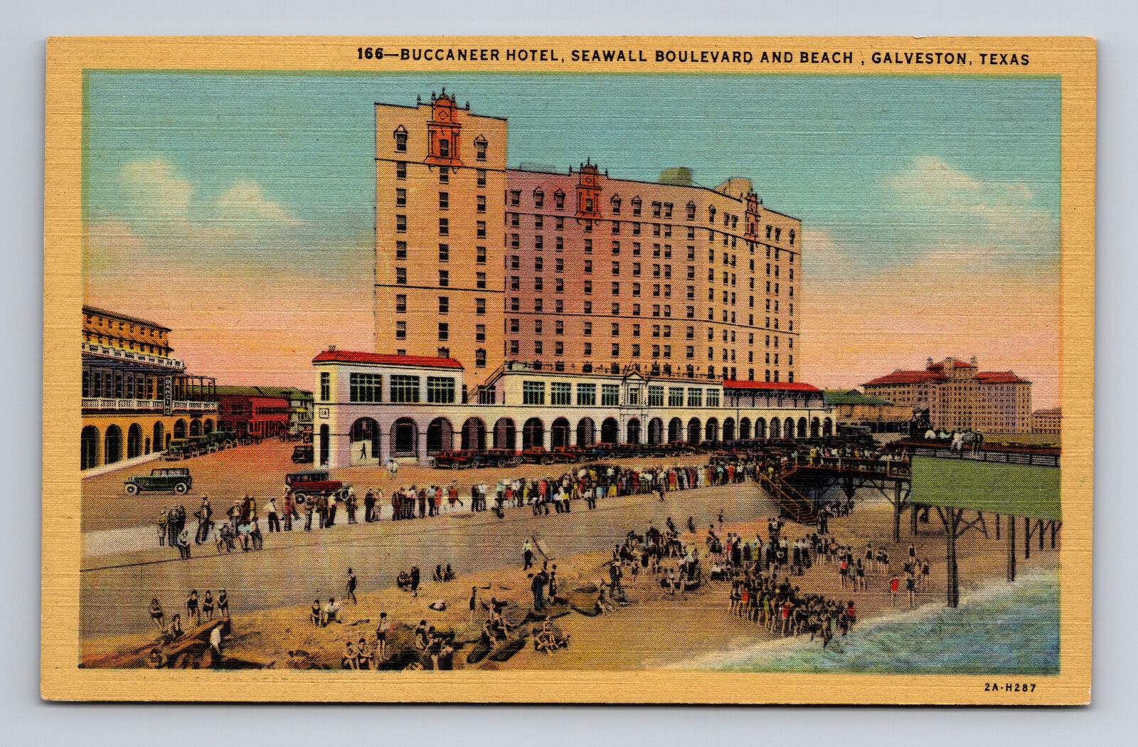 c1933 Linen Postcard Galveston TX Buccaneer Hotel Seawall Boulevard & Beach