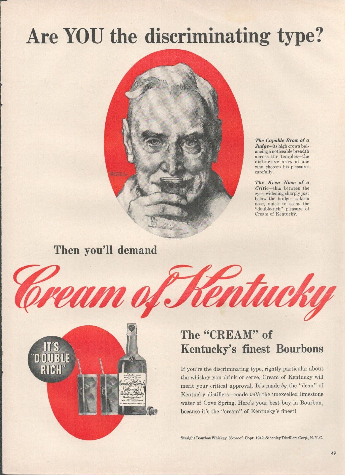 1942 Cream of Kentucky Bourbons Whisky You Discriminating Type Vintage Print Ad