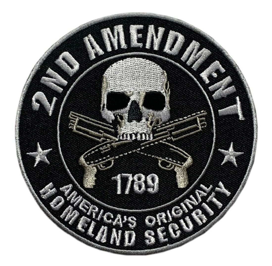 HOMELAND SECURITY 2ND AMENDMENT SKULL ROUND NRA GUN PATCH (IRON ON SEW ON)