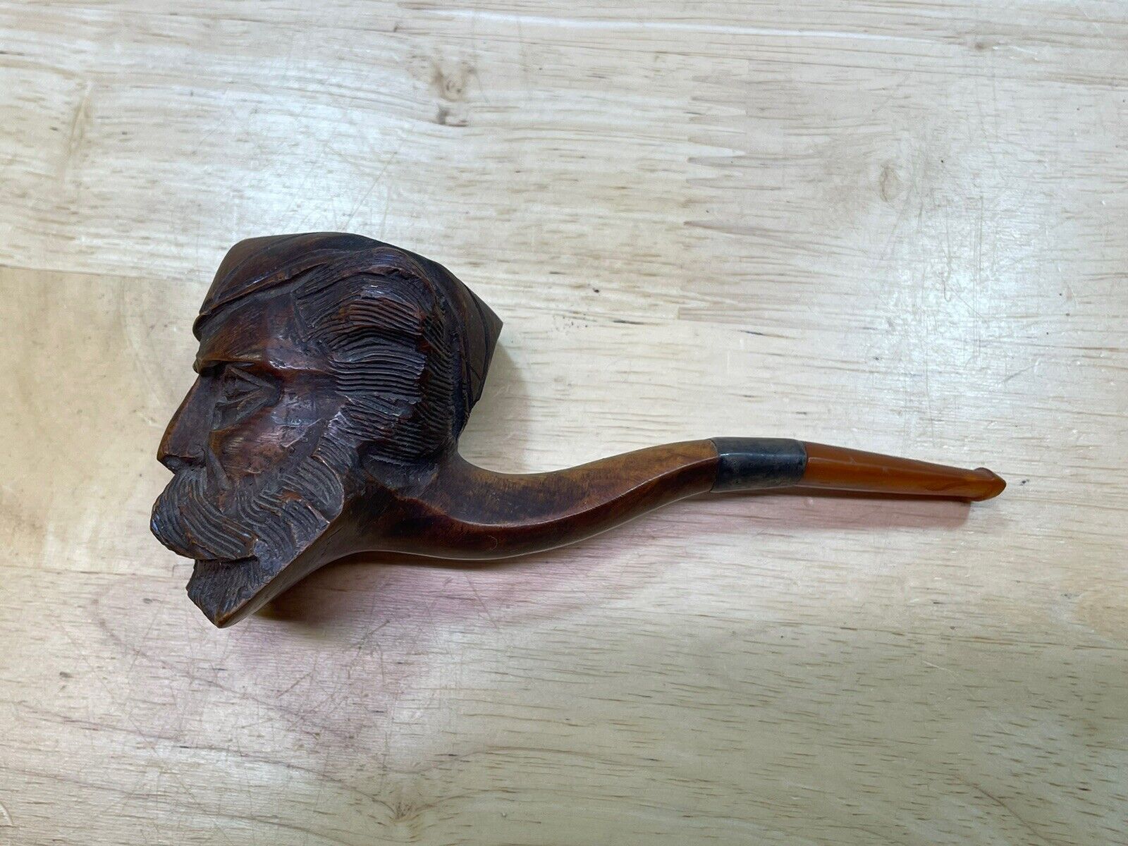 Old Vintage Estate Pipe Hand Carved Wood Face With Sterling Band