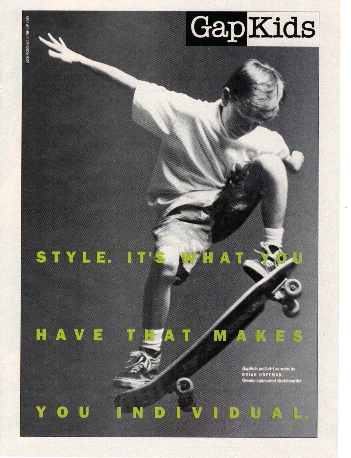 Vtg Print Ad 1980s 1989 Gap Kids Skater Skateboard Boy Style Brian Hoffman