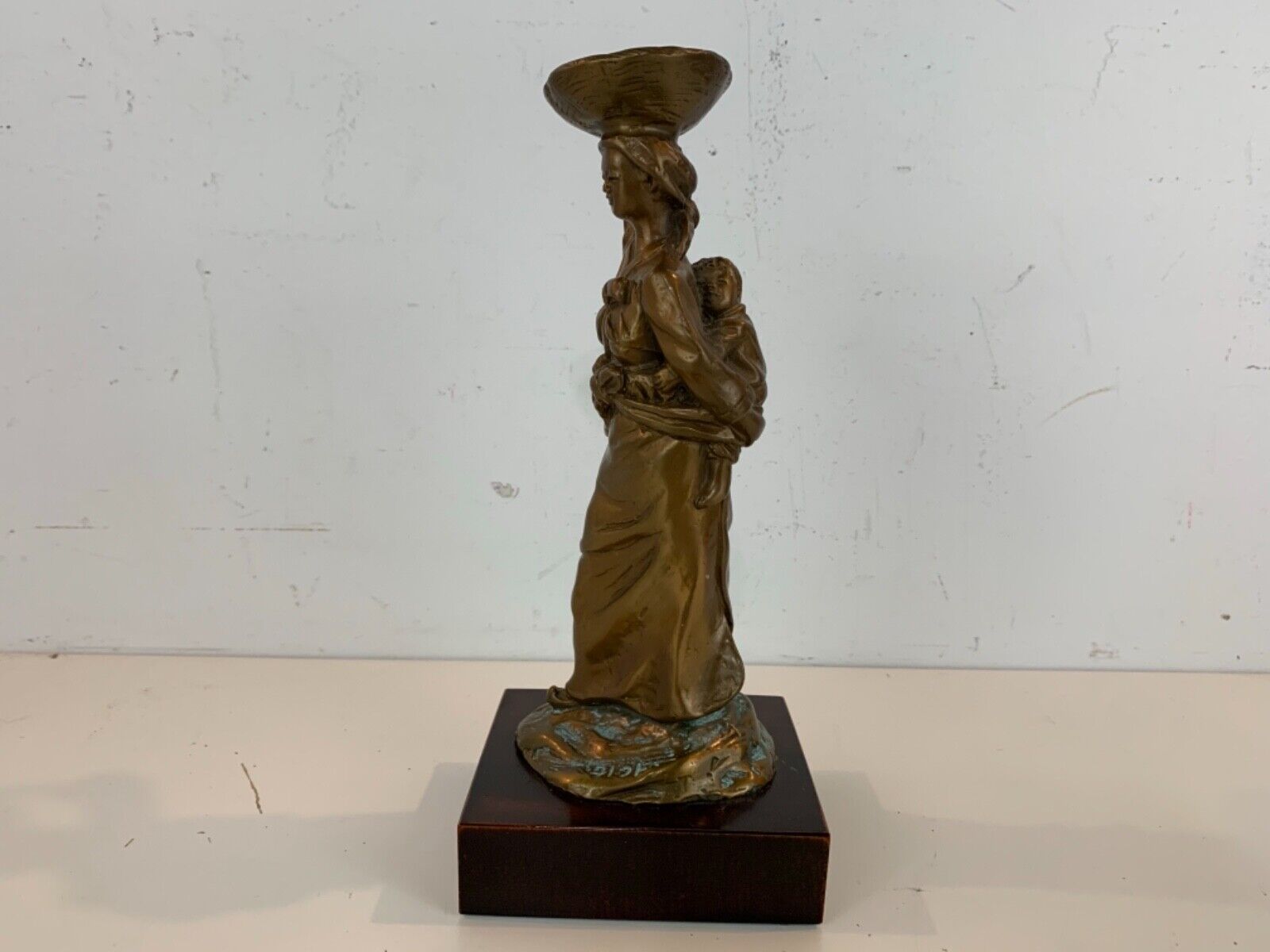Vtg Asian Bronze Sculpture of Woman Balancing Basket with Child Signed by Artist