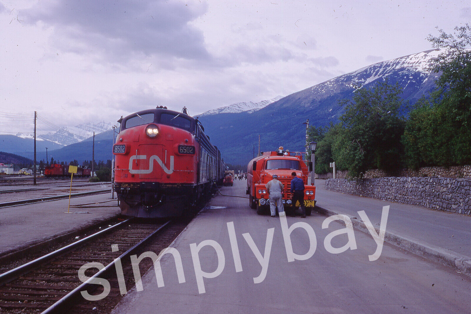 2 Photo Slides CN 6502 Canadian National Railway EMD FP9, Jasper Nat. Park 1969