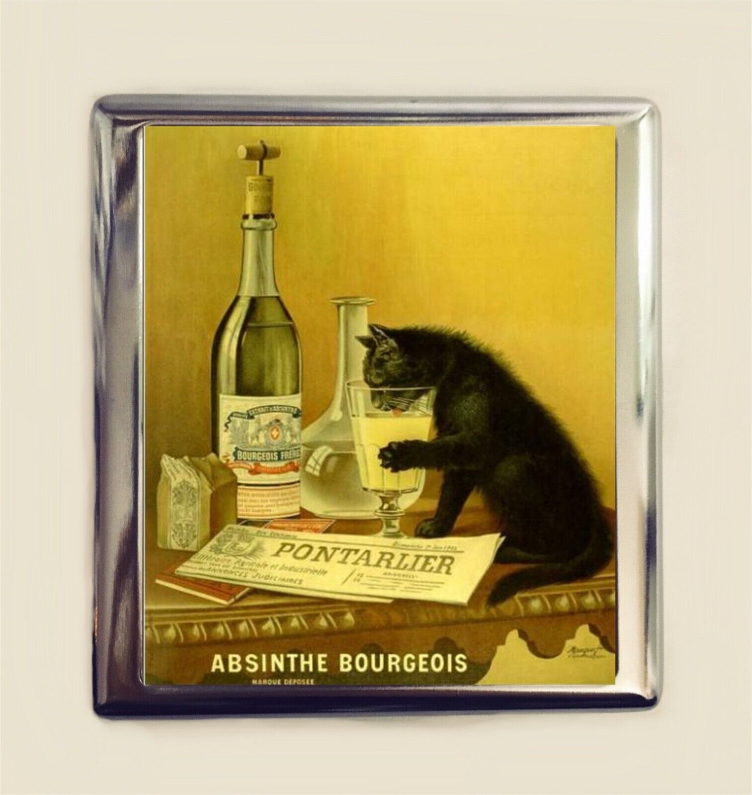 Absinthe Black Cat Cigarette Case Business Card ID Holder Wallet French