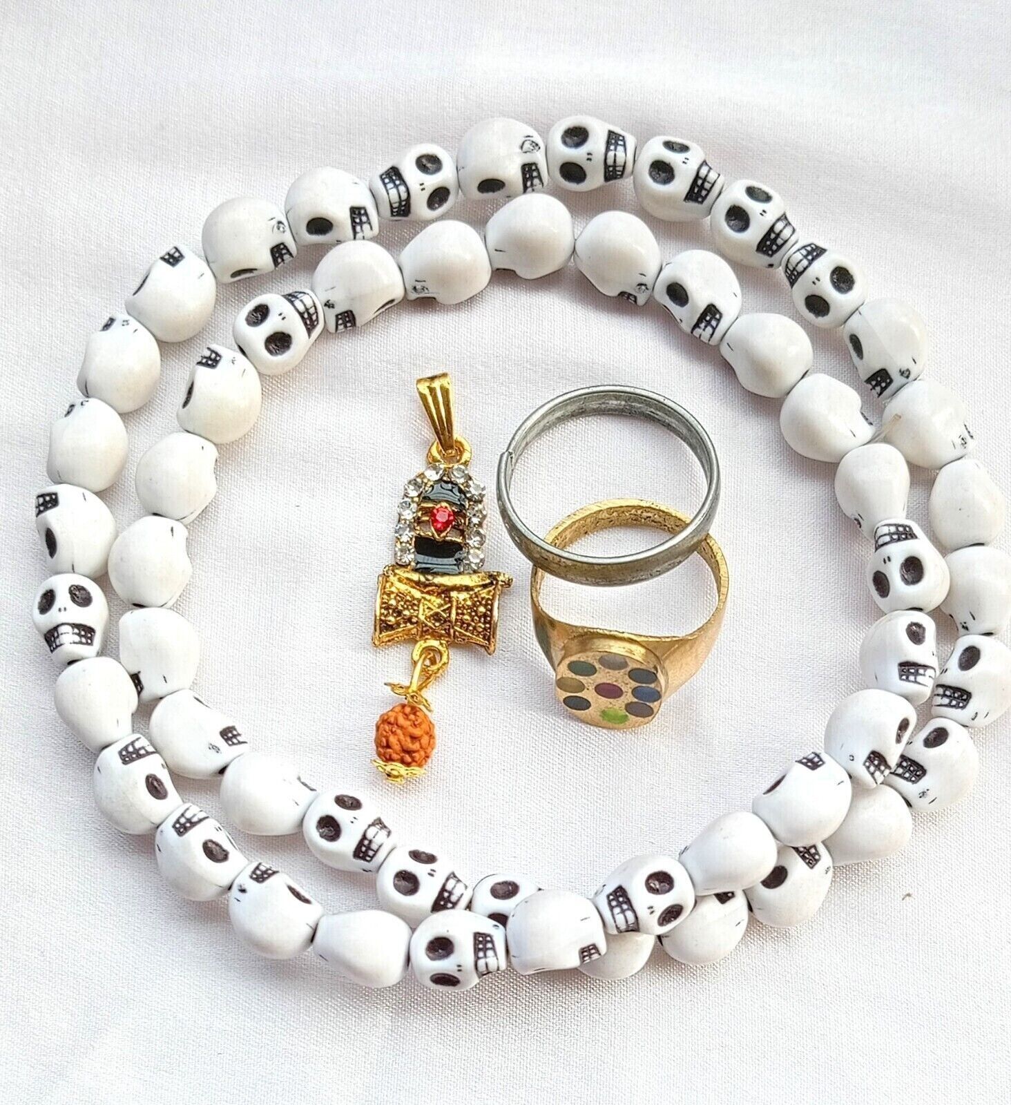 Artificial Skull Mund Pooja Mala Elastic Hinduism Puja Locket Iron & Brass Ring