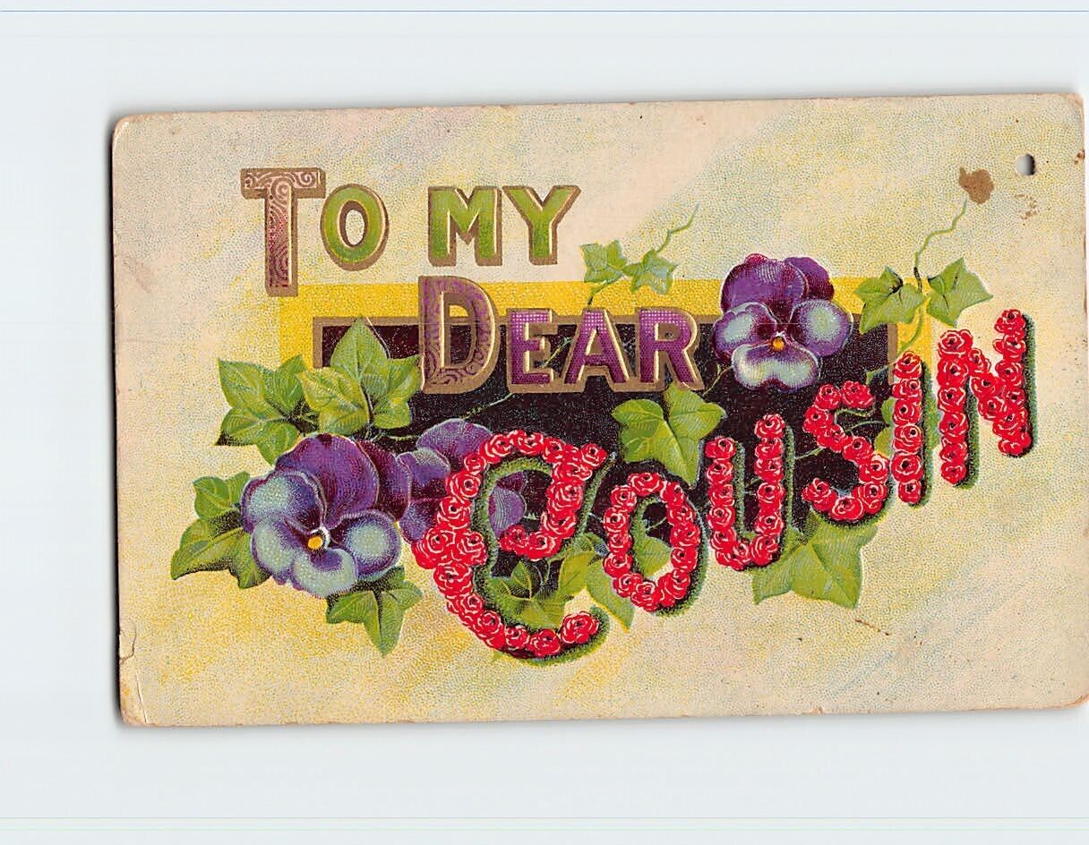 Postcard To My Dear Cousin with Embossed Flowers Leaves Art Print