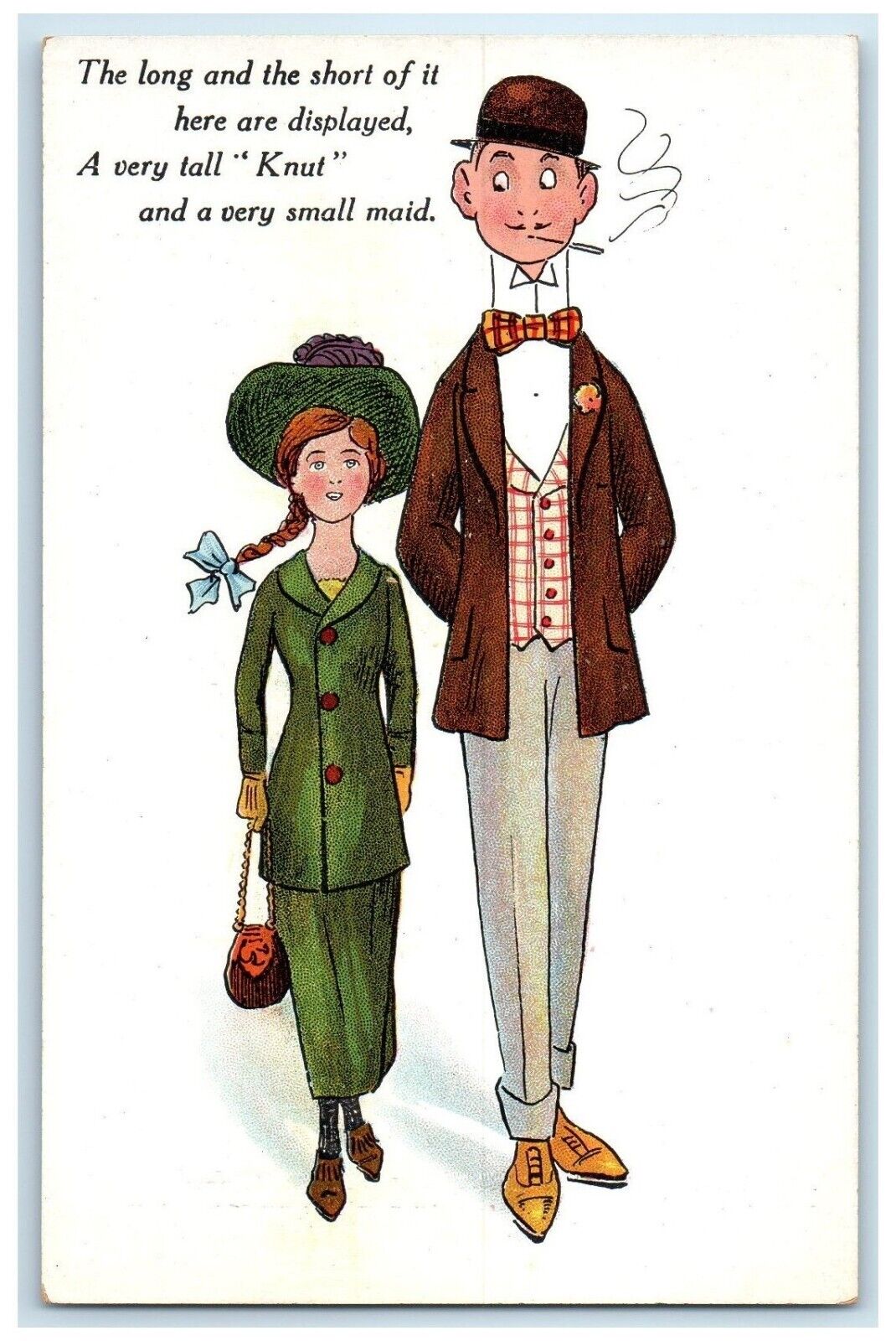 c1910\'s Couple Romance Tall Man Cigarette Smoking England Humor Antique Postcard