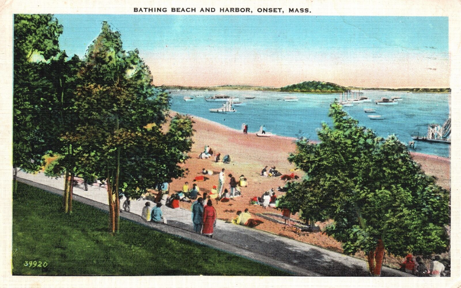 Vintage Postcard 1939 Crowded Sun Bathing Beach & Harbor Onset Massachusetts MA