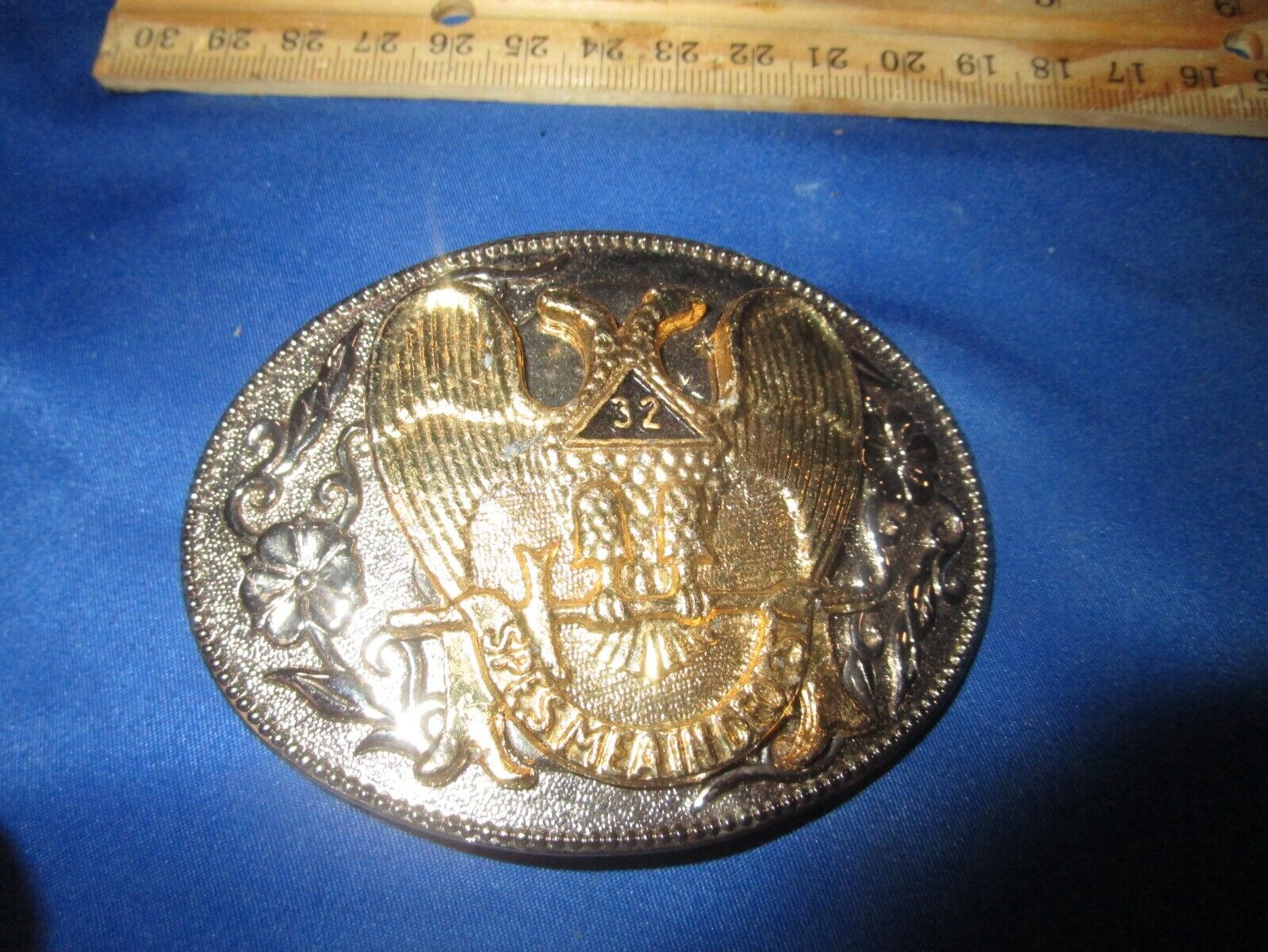Double Eagle 32nd Degree Mason Belt Buckle  Silver & GOLD Vintage
