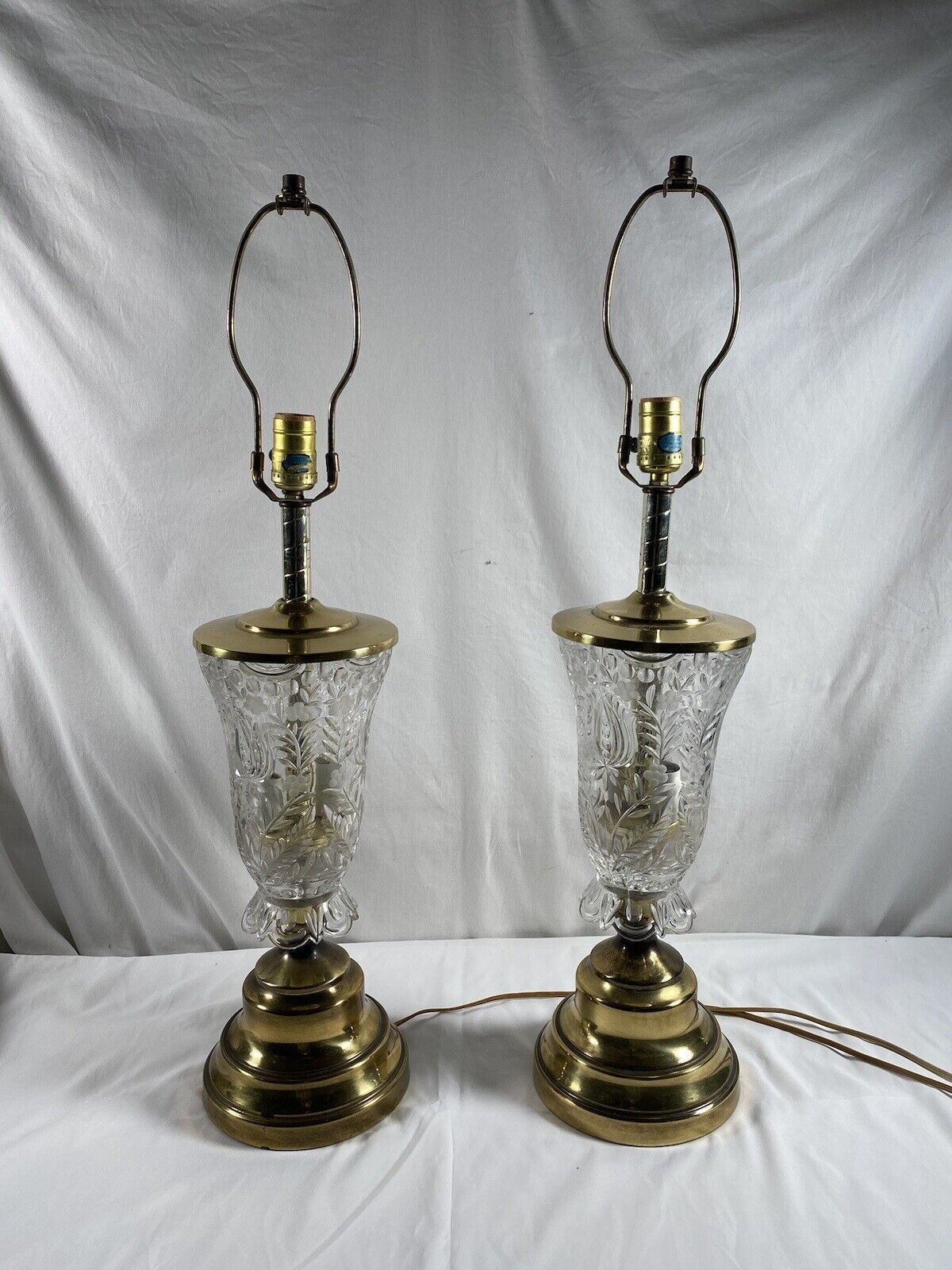 Pair of Vintage Rare 3-way Fine Cut Clear Crystal Brass Base Heavy Table Lamp #6