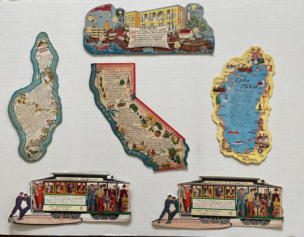 Six Vintage Lithographed Die-Cut Postcards from California
