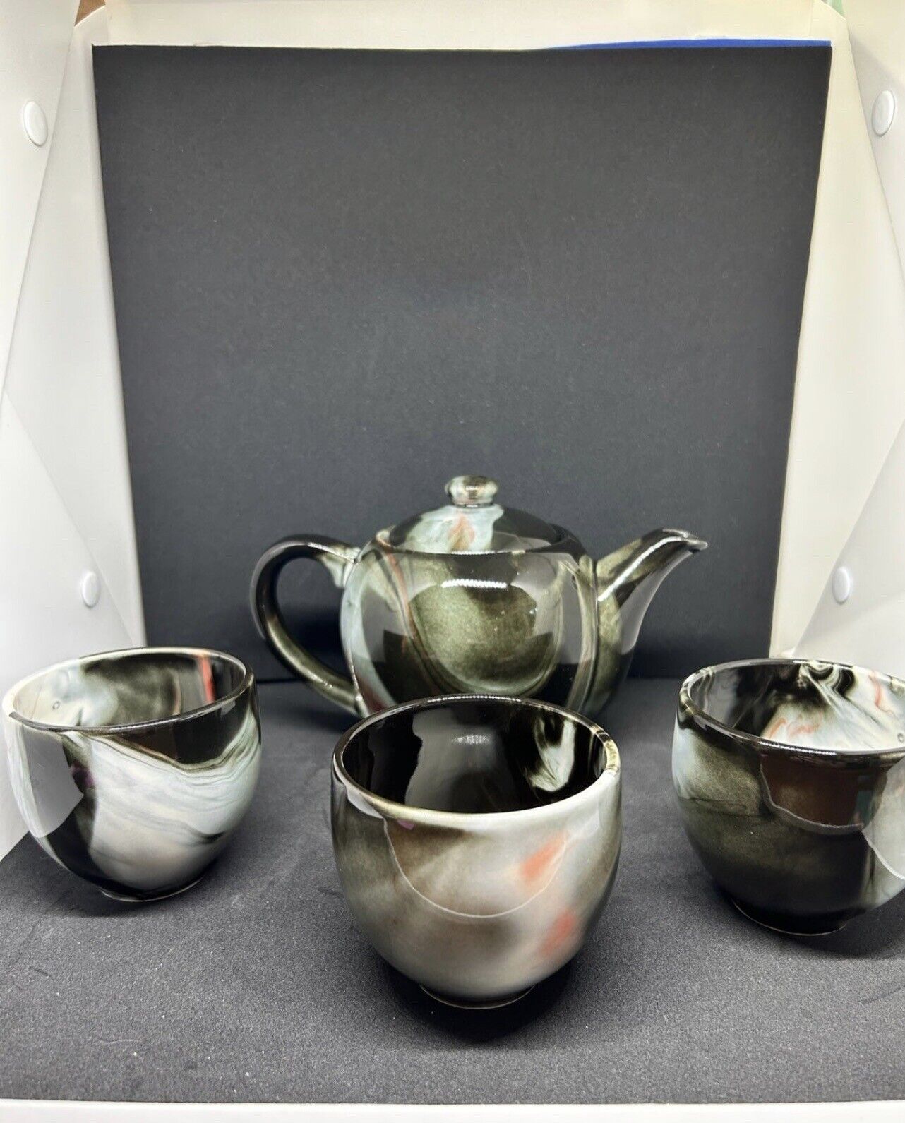 Teavana Stoneware Tea Set - Teapot & 3 Cups Black Marble Design Vintage