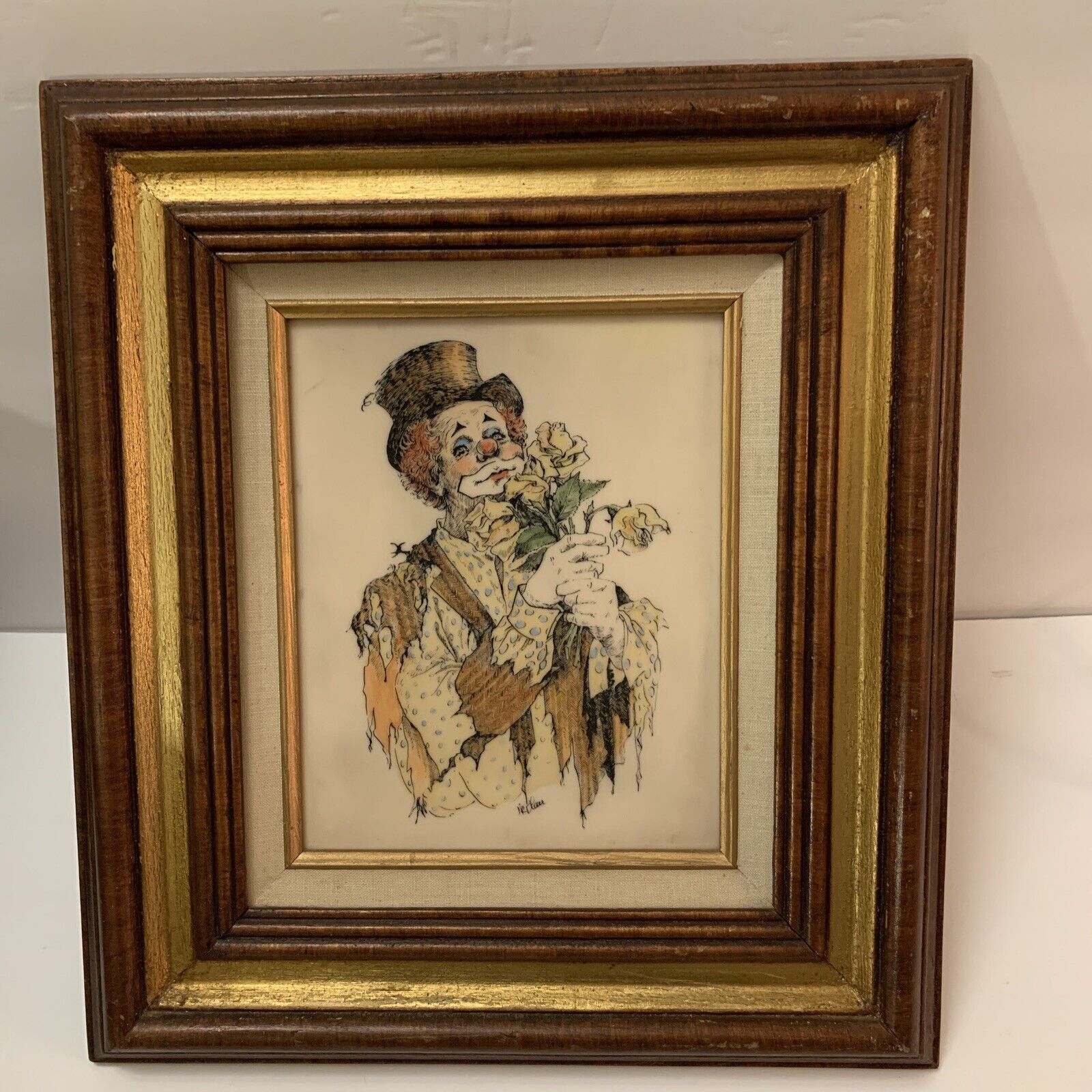 Vintage JR Blair Framed Clown Colored Glass Etched Rags & Roses 16 X 18”