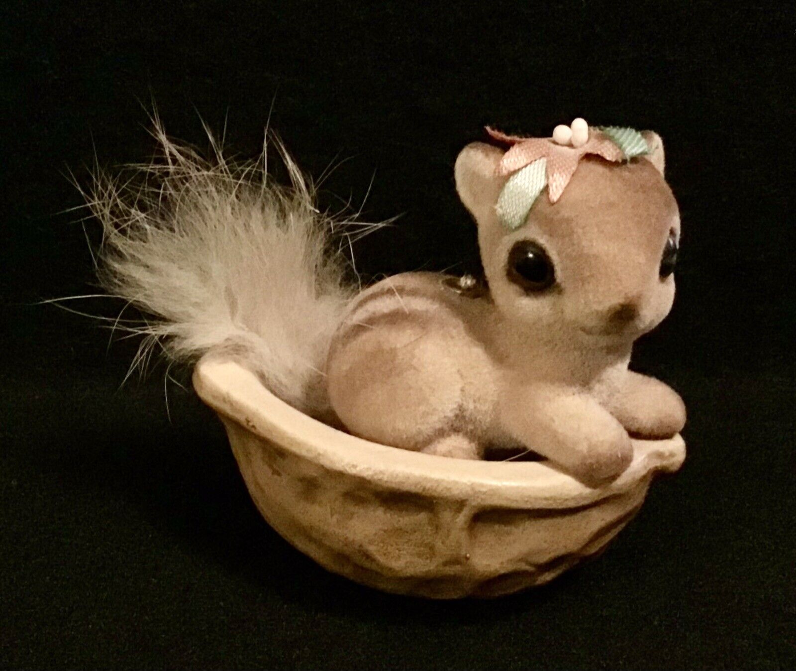 Vtg Josef Originals Flocked Baby Squirrel in a walnut shell *plz read descript.