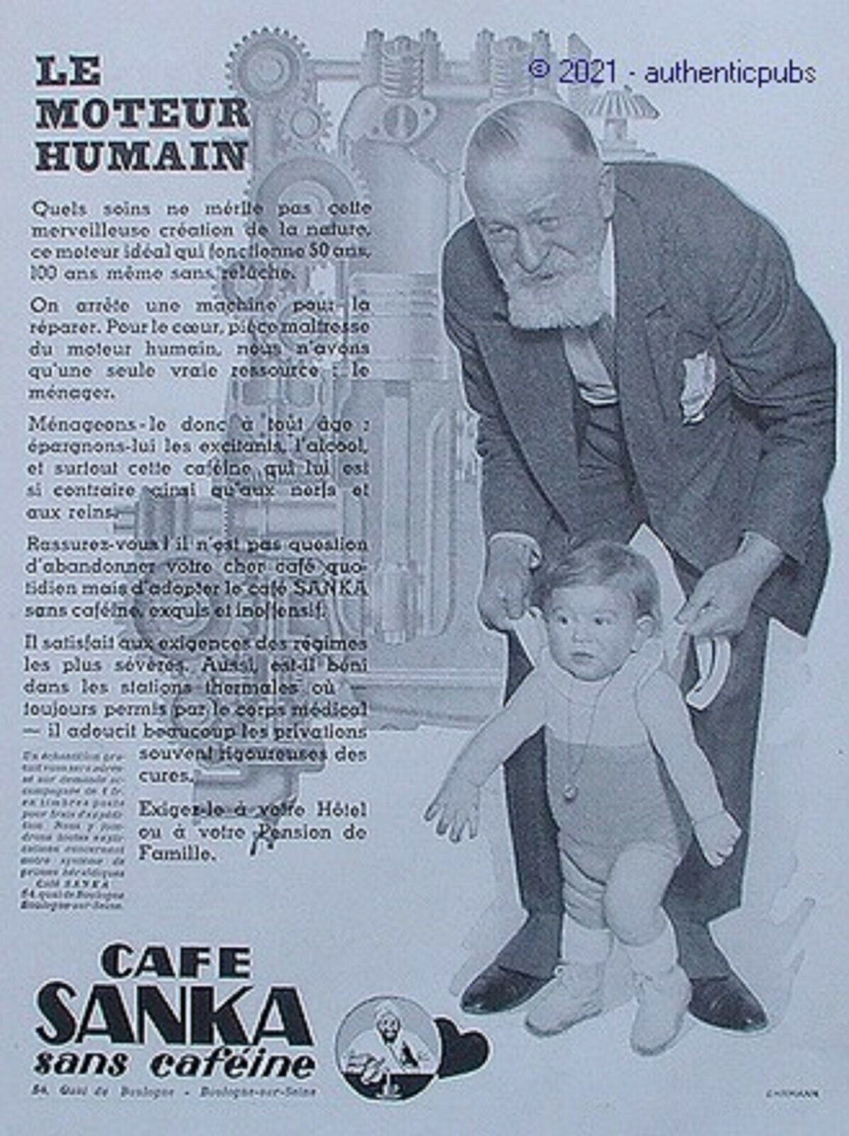 1931 AD CAFFEINATED SANKA COFFEE AD GRAND FATHER GIRL BABY HUMAN MOTOR