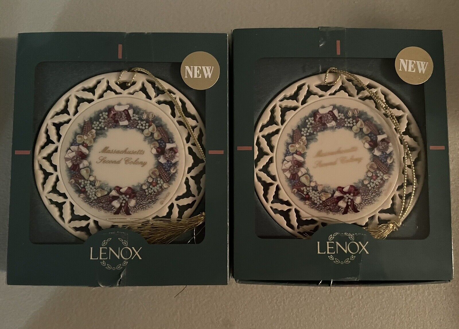 2 Lenox Wreath Ornament 1998 Massachusetts Second Colony Vtg Original Box