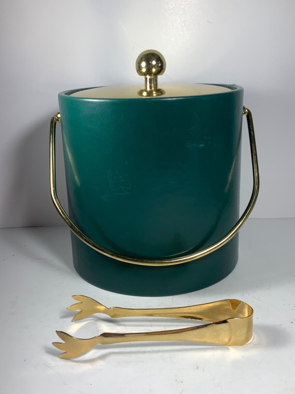 Vintage Kraftware Faux Green Leather 3 Quart Ice Bucket with Ice Tongs 10 in.