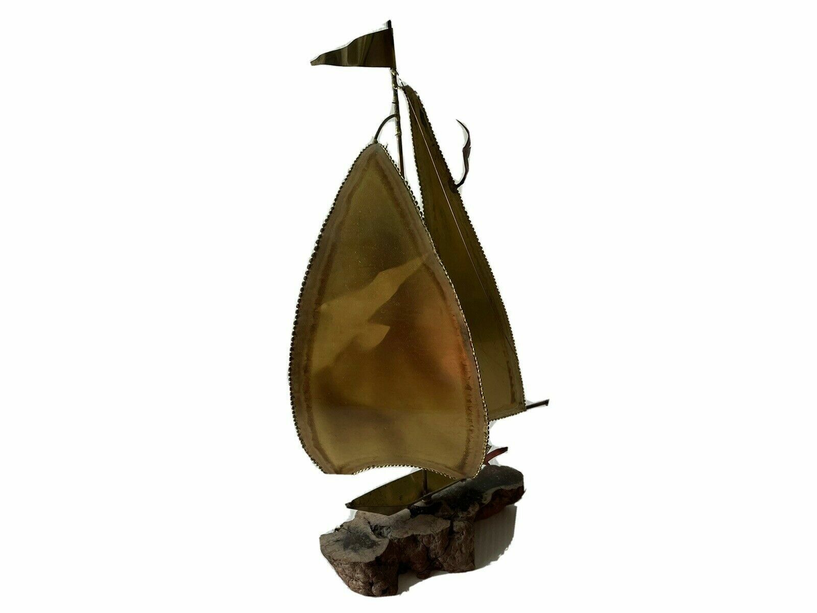 Sailboat Sculpture Brass Metal Burl Wood Base Nautical Boat Ship 17\