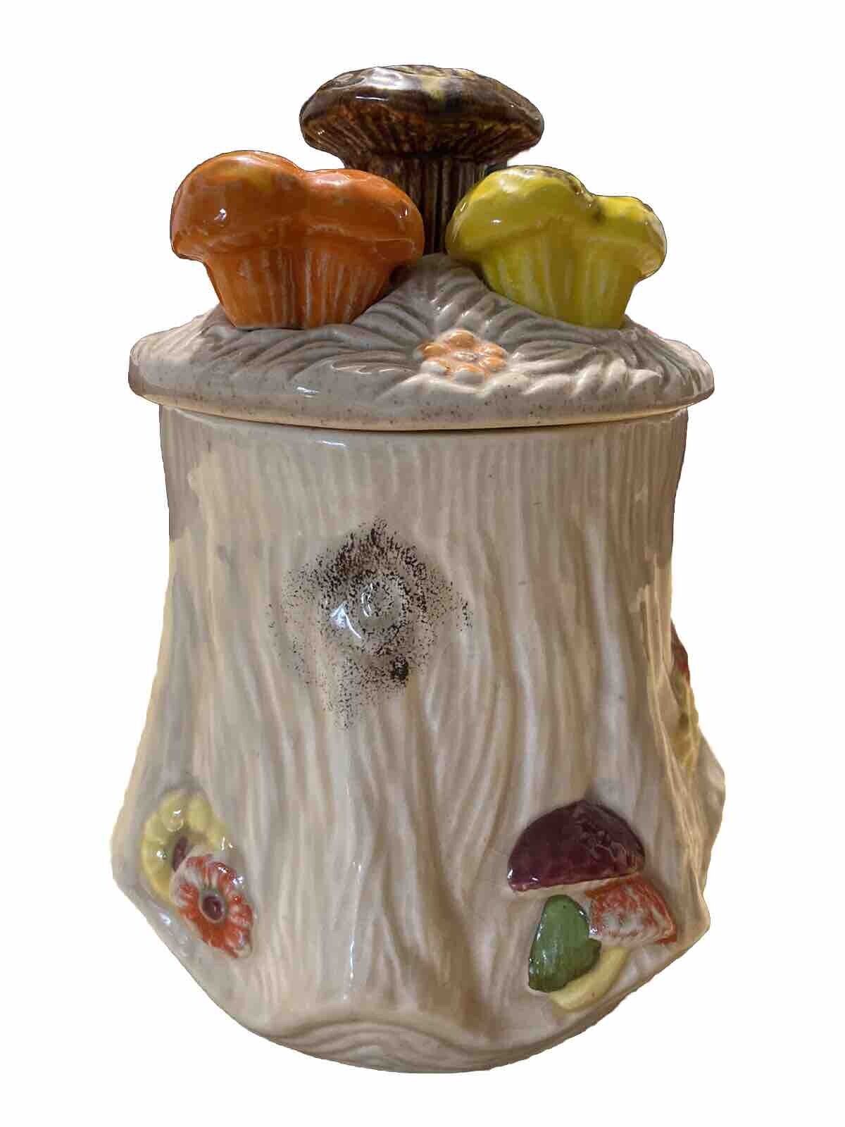 Vintage 1970s Ceramic Tree Stump and Mushroom Canister / Cookie Jar 9\