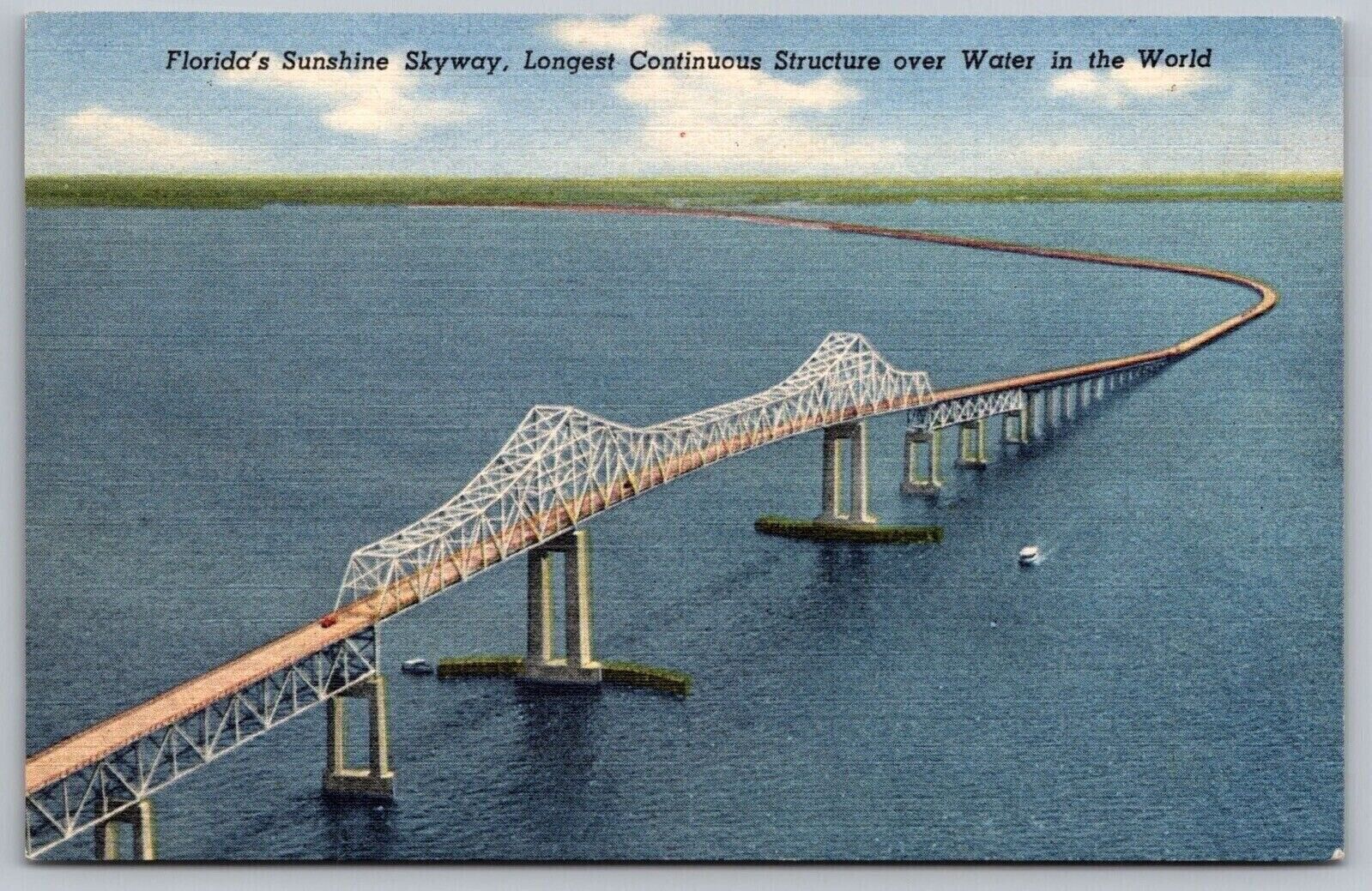 Florida Sunshine Skyway Scenic Water Bridge Aerial View Linen UNP Postcard