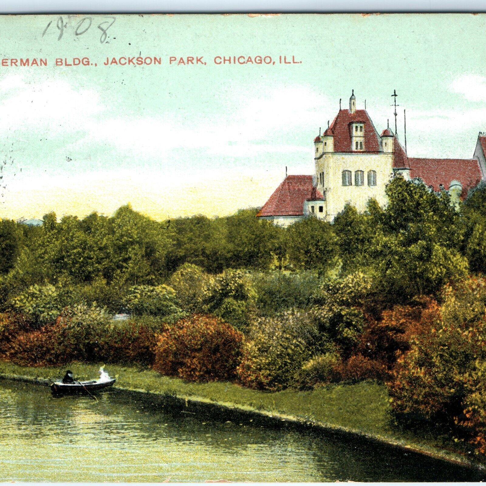 c1900s Chicago, IL German Bldg Jackson Park Antiquitech Tower Boat Postcard A119