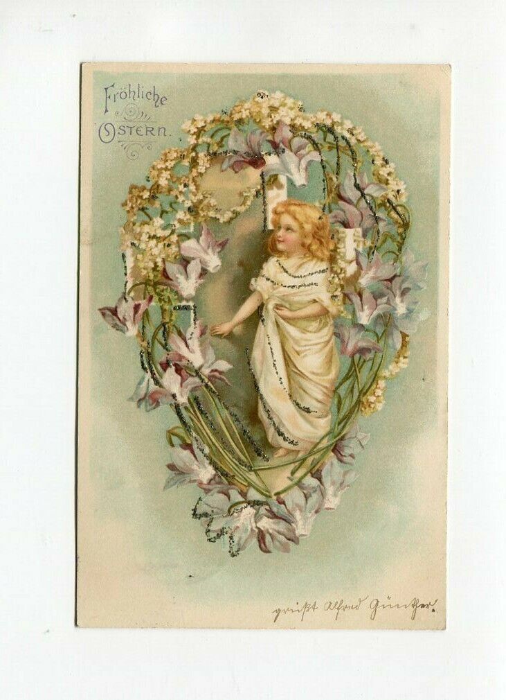 Ancient Ak Osterkarte With Glitter Young Girl IN Blumenkreis 1910 35