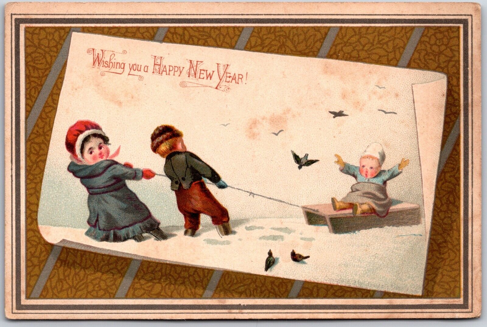 1880s-90s Children Playing Sledding Snow Winter Happy New Year Trade Card