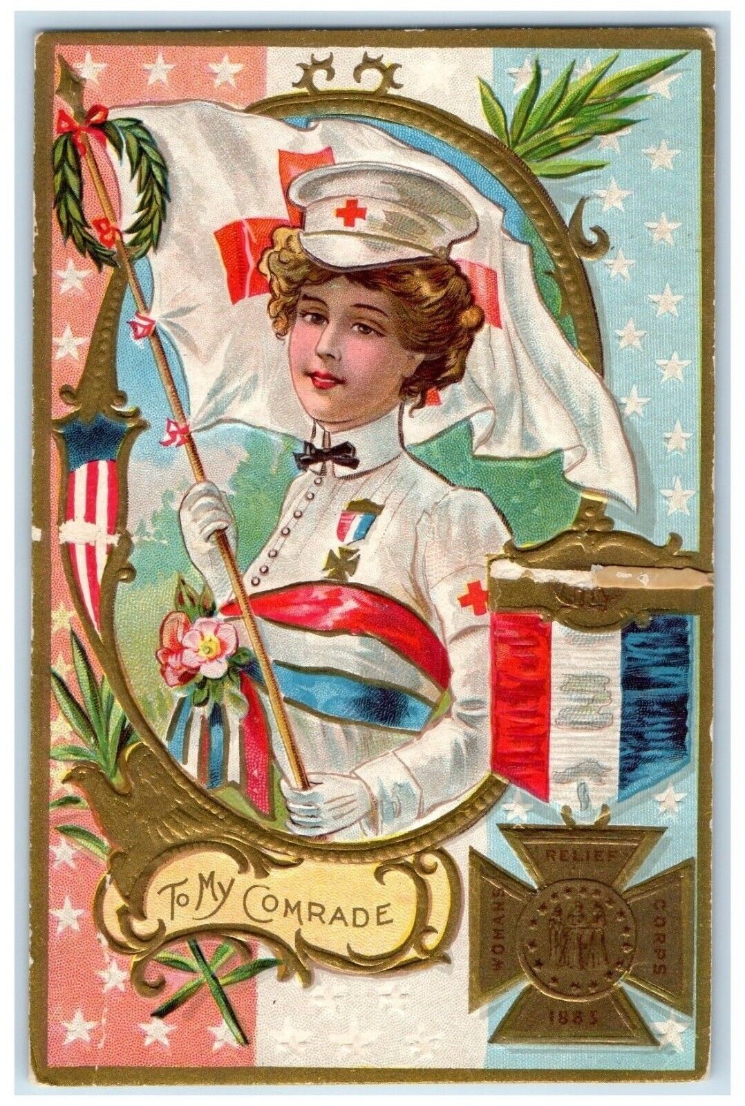 c1910's Woman Nurse Holding Flag Corps Flowers Embossed Posted Antique Postcard