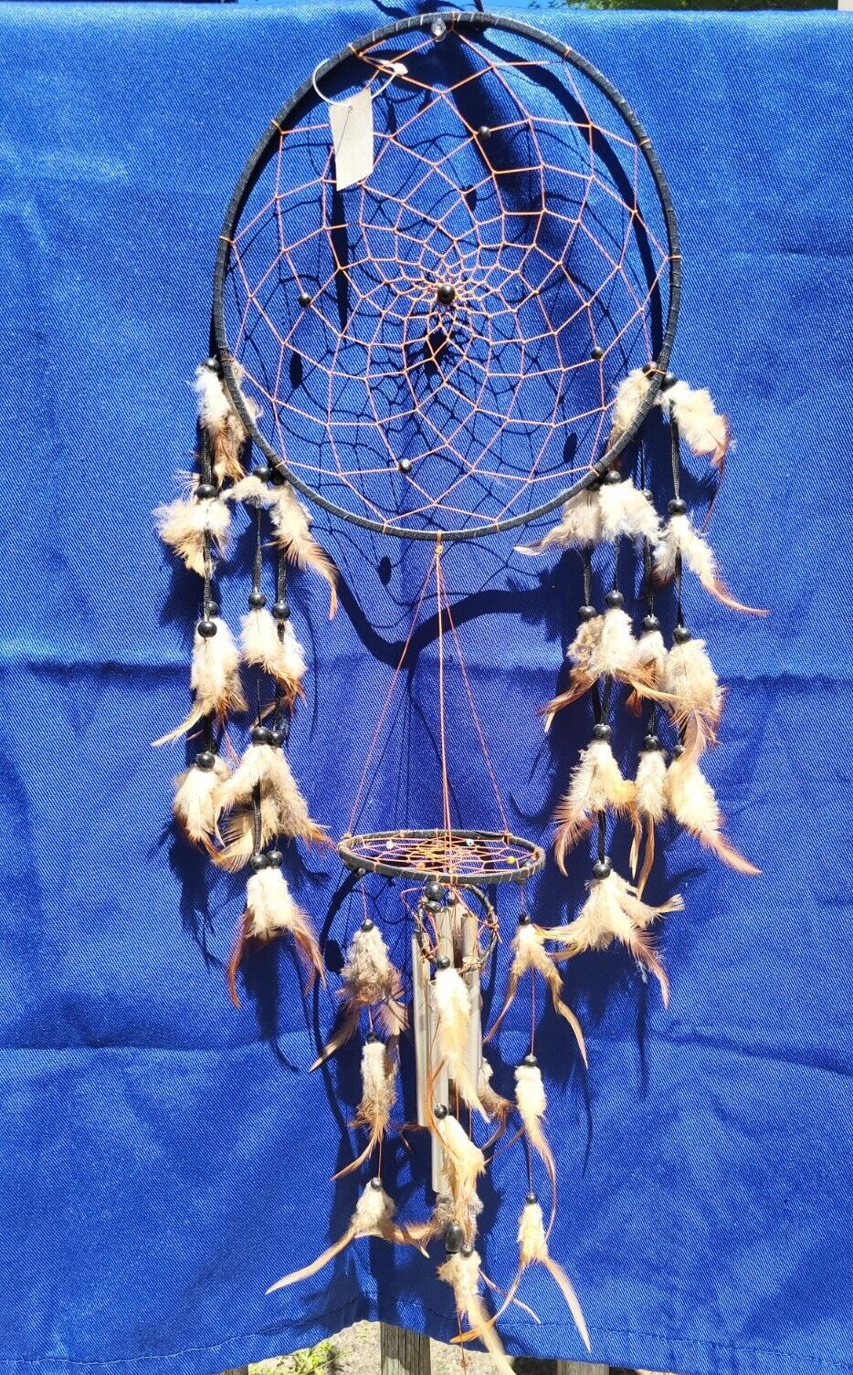 Vtg Native American Dreamcatcher Windchime Large Black Beads Feathers Handmade