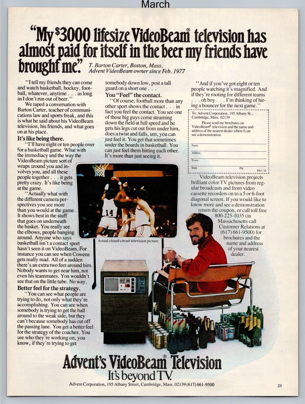 Advent\'s VideoBeam Television Promo Vintage 1978 Full Page Print Ad