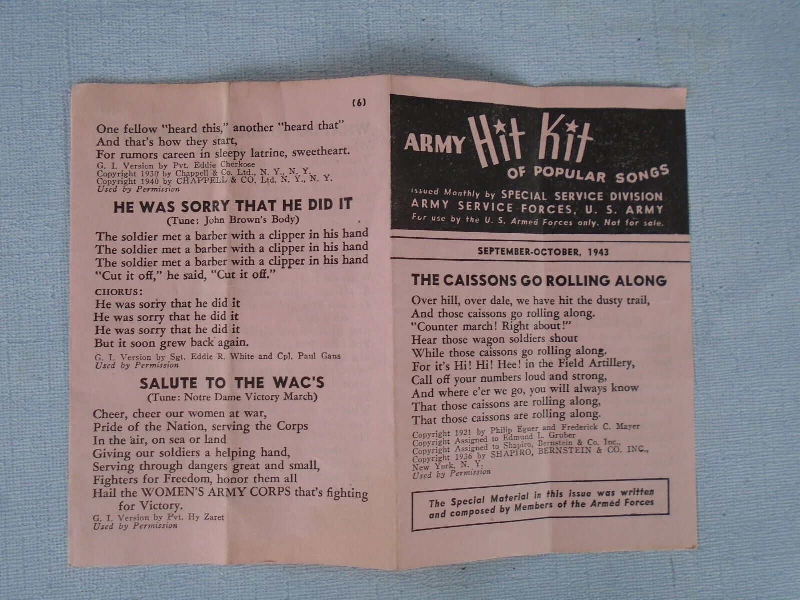 WWII Army Hit Kit of Popular Songs, 1943