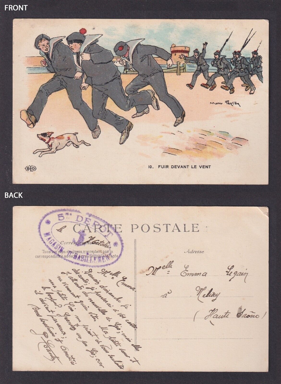 Propaganda postcard, Marine life, Fuir Devant Le Vent, Satire, WWI