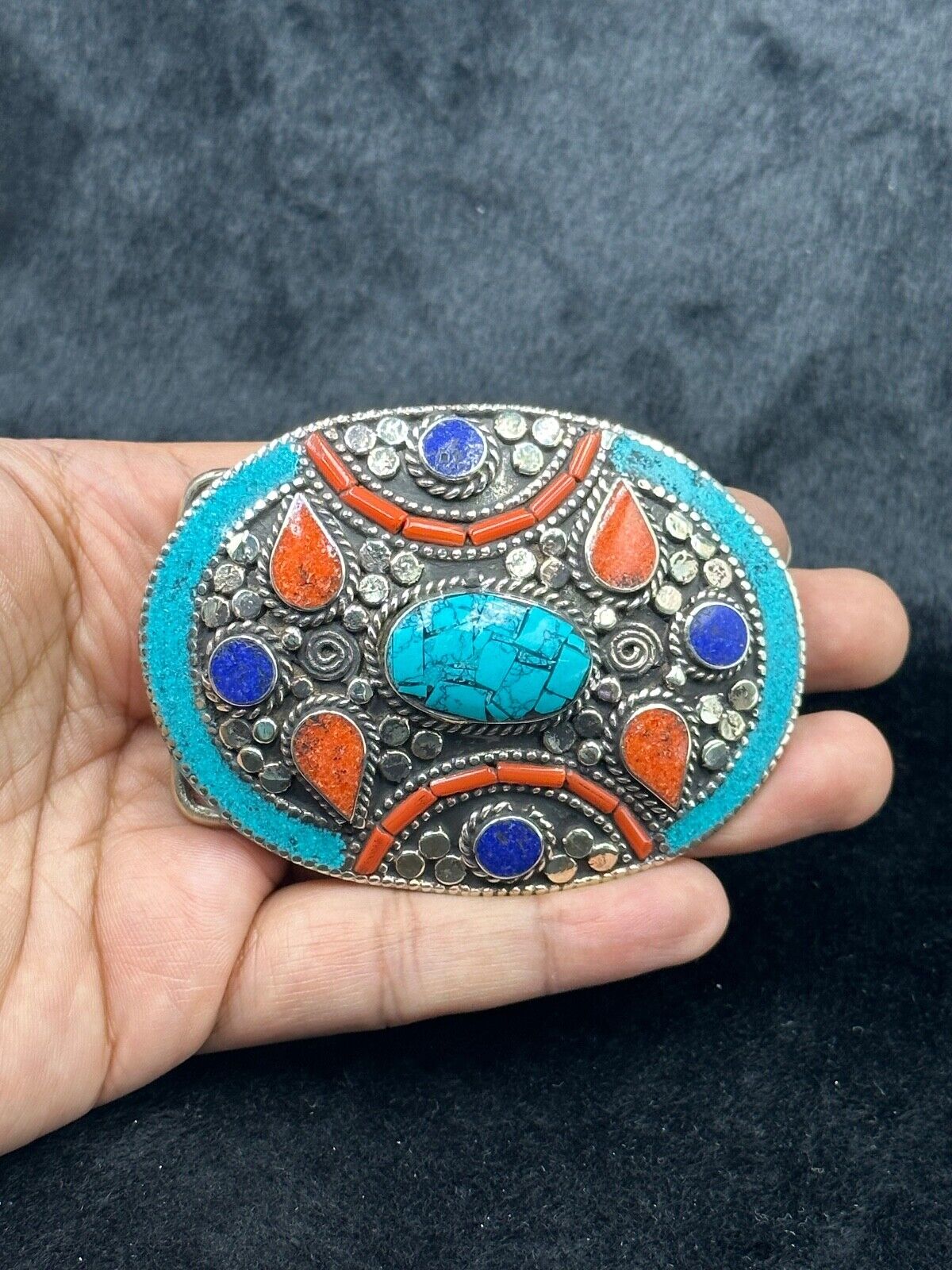 Wonderful Vintage Nepali Silver Belt Buckle With Turquoise Coral And Lapis Stone