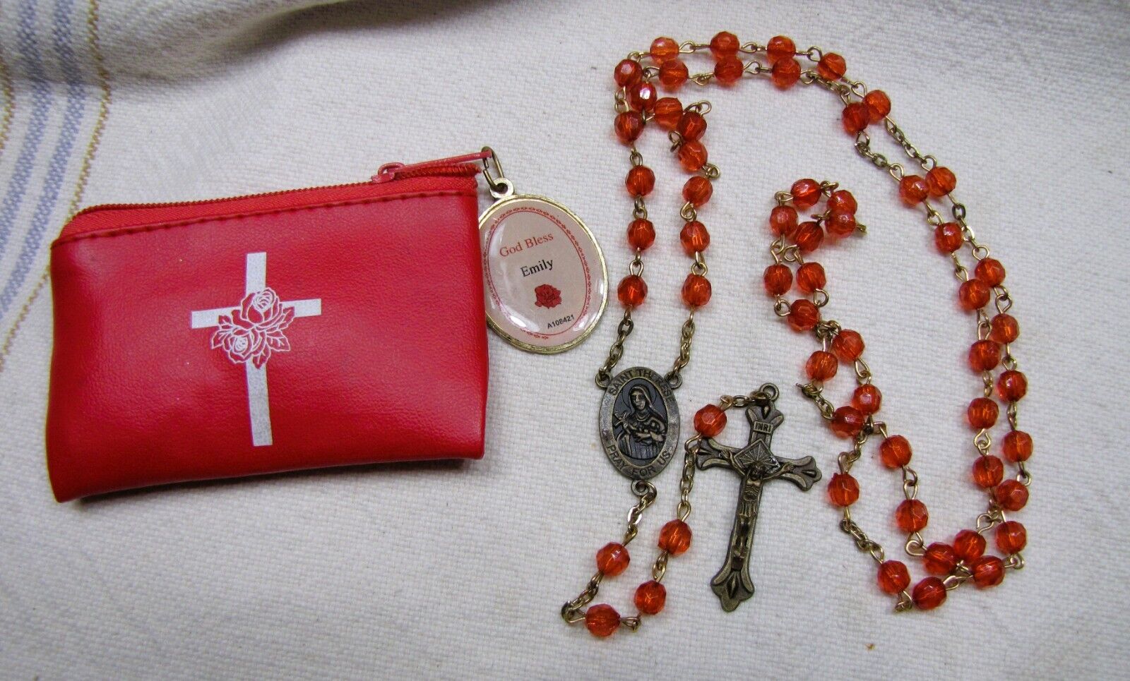 Vtg Red/Orange Rosary in Red Vinyl Pouch~God Bless Emily Tag~Catholic Beads