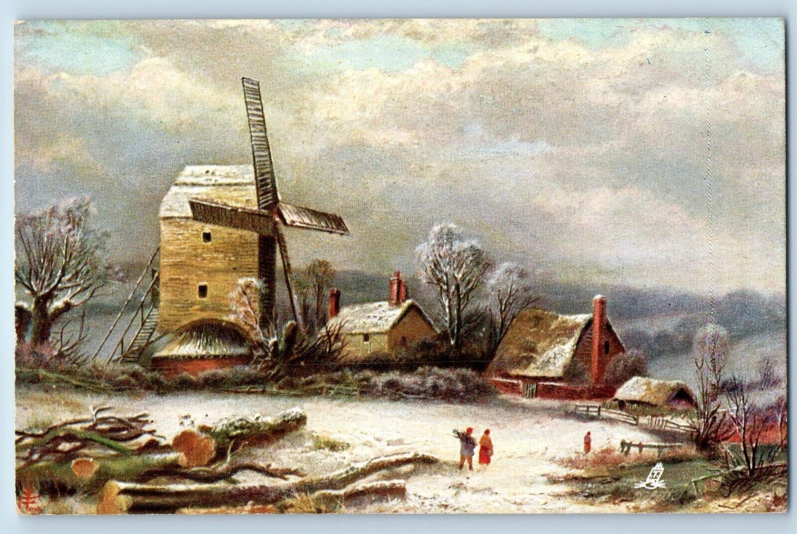 Postcard Winter Scene Windmill Logs c1910 Unposted Oilette Tuck Art