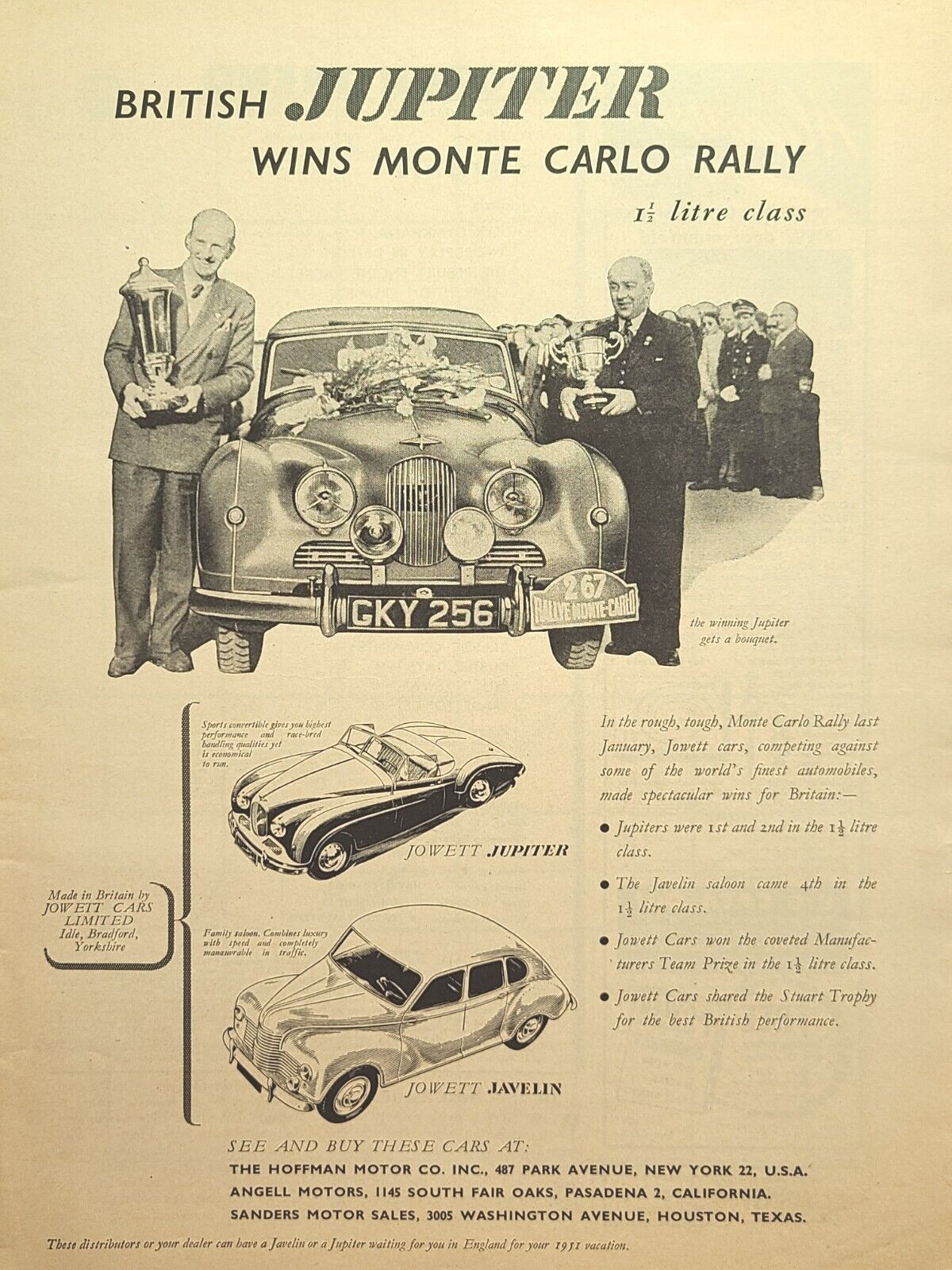 Jowett Cars Ltd British Jupiter Wins Monte Carlo Javelin Vintage Print Ad 1951
