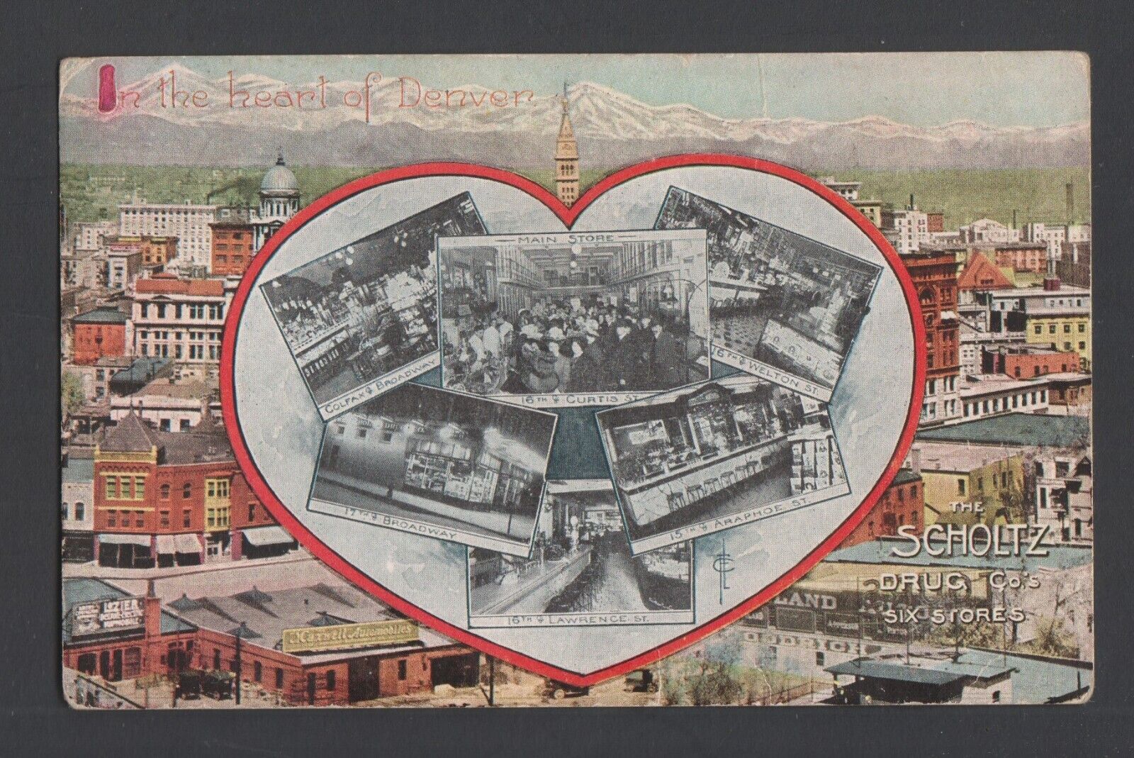 1912 advertising postcard The Scholtz Drug Co, 6 Stores in Denver, Colorado