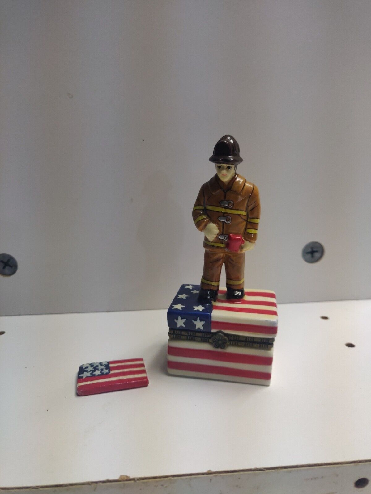 9/11 Porcelain Trinket Box Firefighter Box With Trinket Patriotic Memorial Box