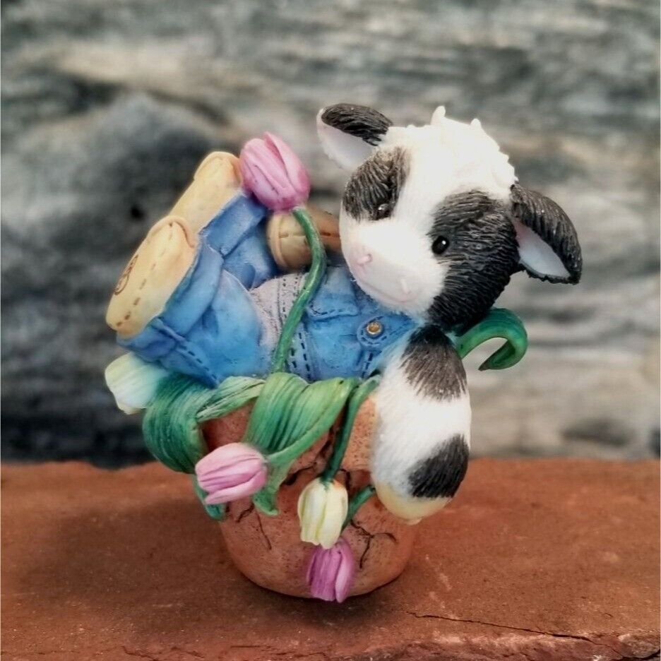 VTG Mary's Moo Moos Cow Anthropomorphic Figurine Falling for Moo Tulips Resin