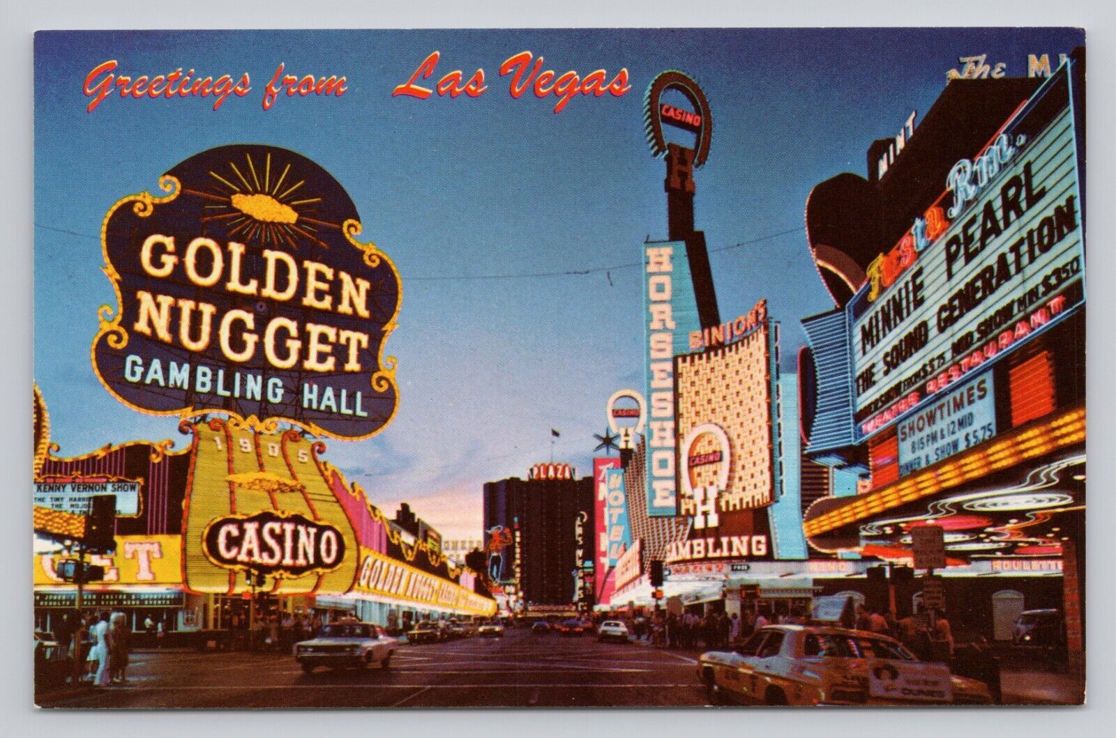 Greetings from Las Vegas NV Fremont Street Golden Nugget Minnie Pearl Postcard