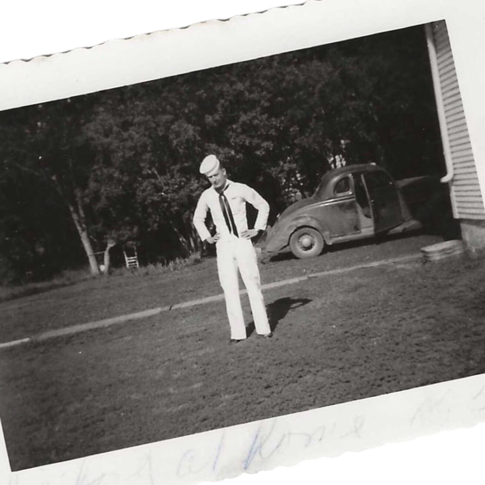 Vintage Snapshot Photo Man Wearing Sailor Uniform Hands On Hips Classic Car