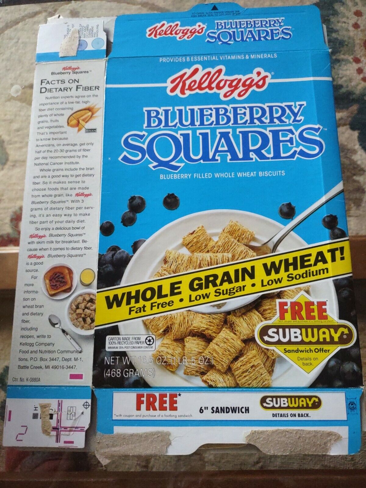 1992 KELLOGG\'S Blueberry SQUARES EMPTY CEREAL  BOX Free Subway Sandwich Offer