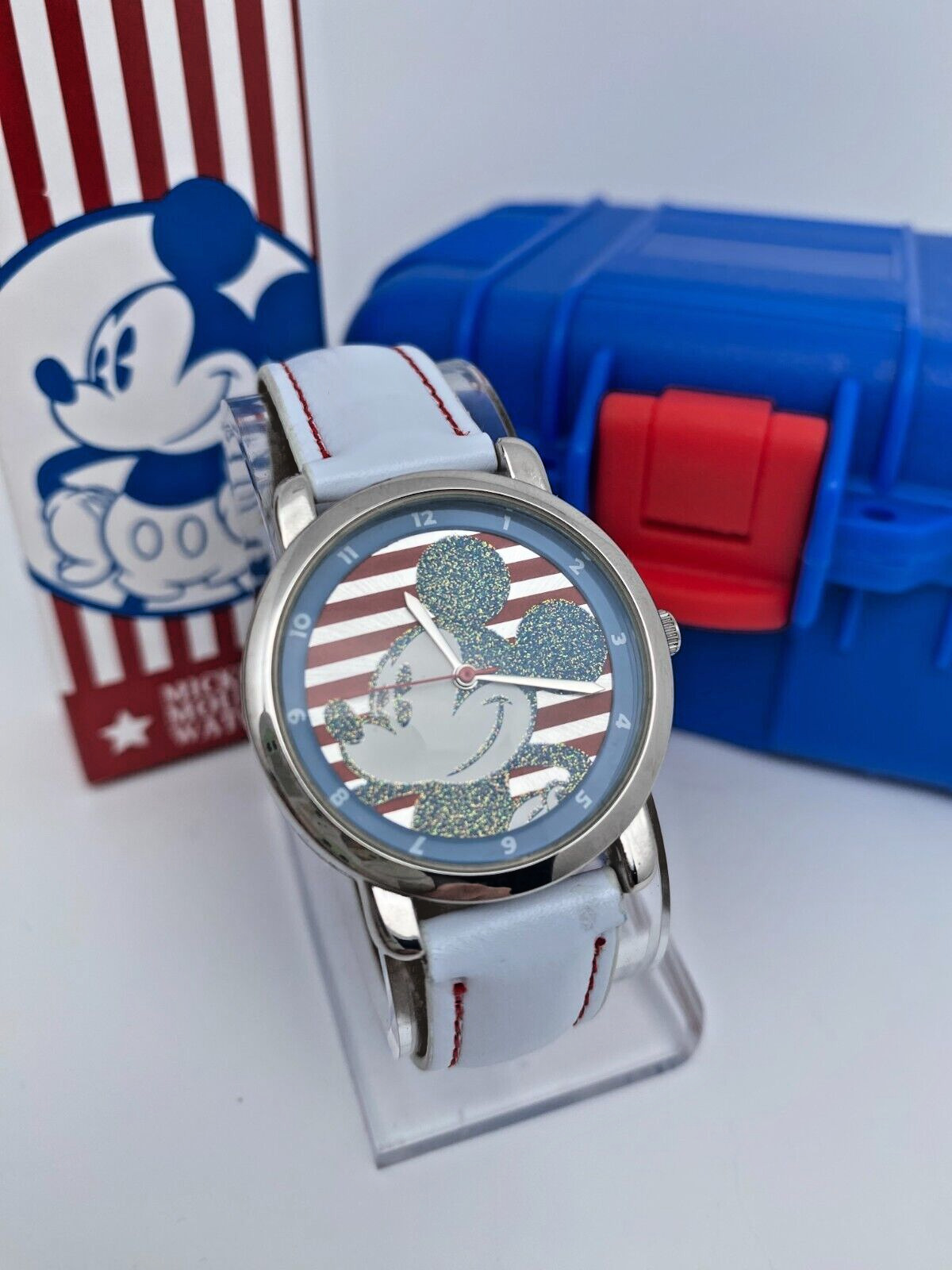 DISNEY SPECIAL EDITION MICKEY MOUSE GLITTER RED WHITE BLUE WATCH W/ BONUS CASE