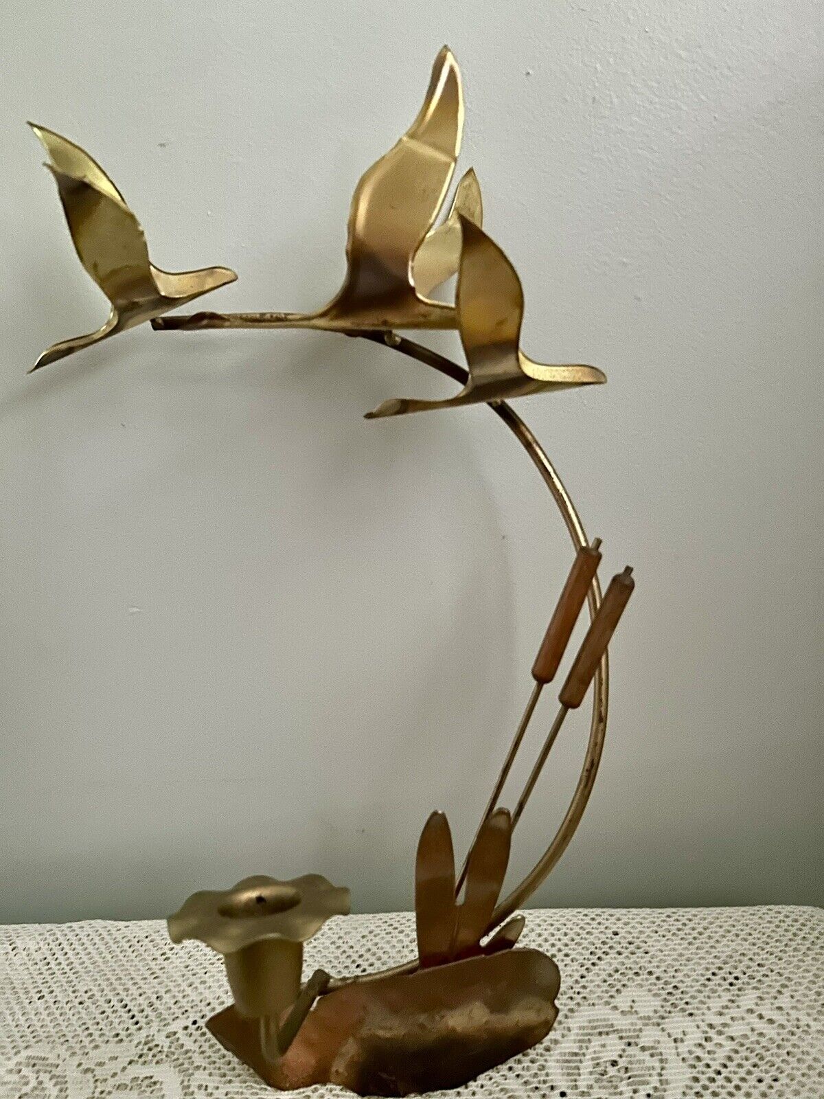 Vintage MCM Brass Copper Flying Duck Geese Wall Hanging Sconce