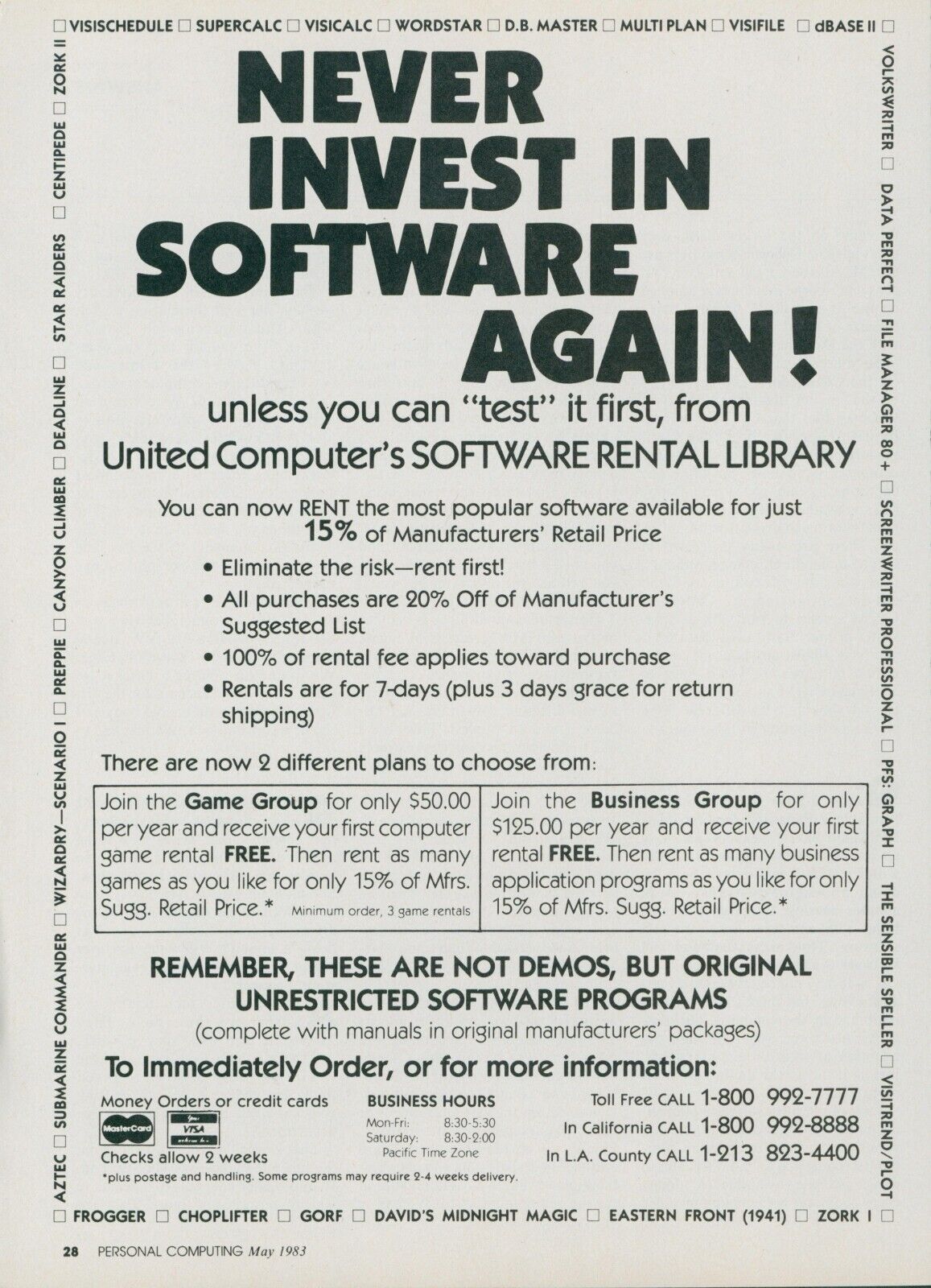 1983 United Computer Software Rental Library Never Invest Again Ad PEC1