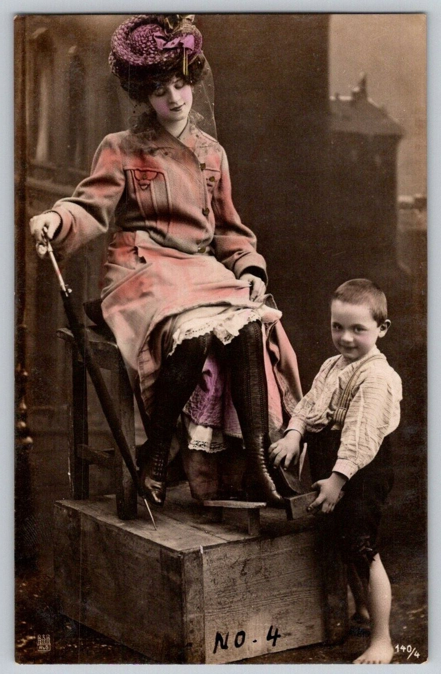 Colored RPPC Postcard~ Fancy Woman & Little Shoe Shine Boy~ Marked 1907