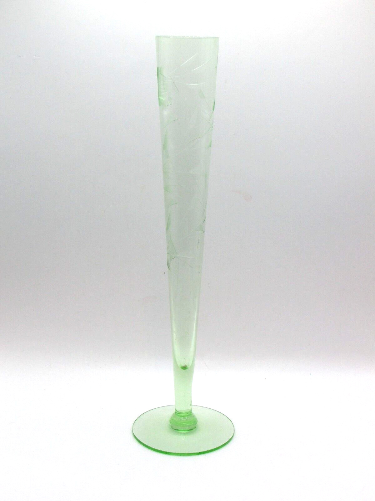 Vintage Green Vaseline Uranium Glass Tall Bud Vase, Etched Roses, 10.5