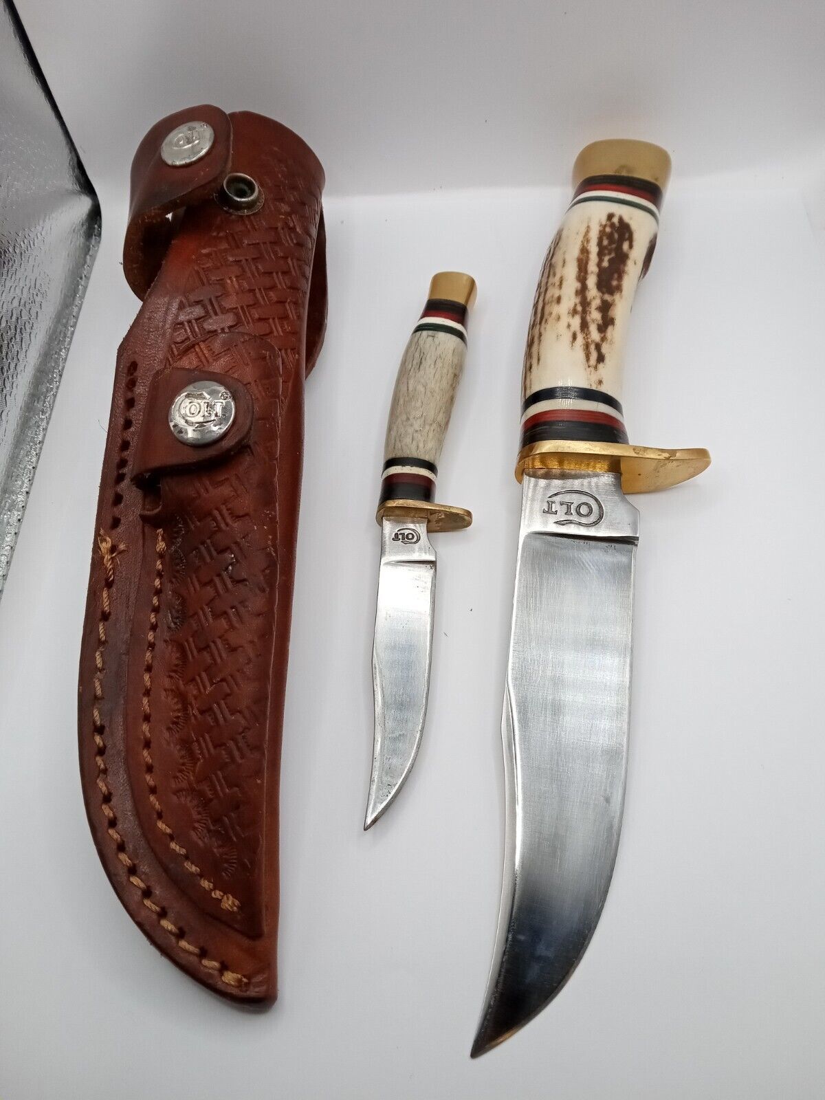 Vintage Colt CT412 Stag Hunter Knife Knives Set Pair w/ Sheath 💎 Beautiful 