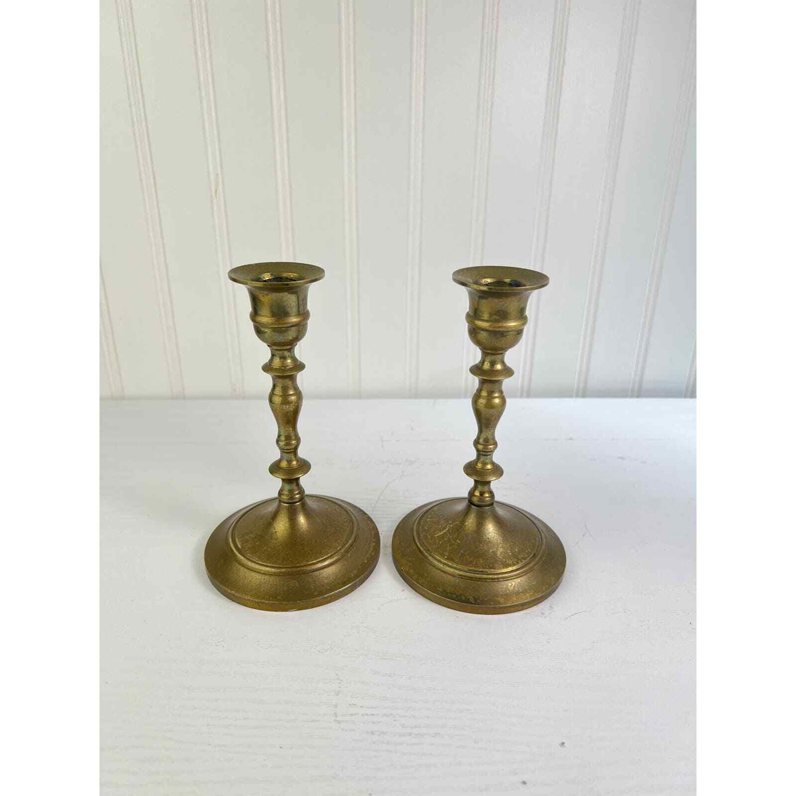 Vintage Heavy Pair of Brass Turned Candlestick Candleholders 6\